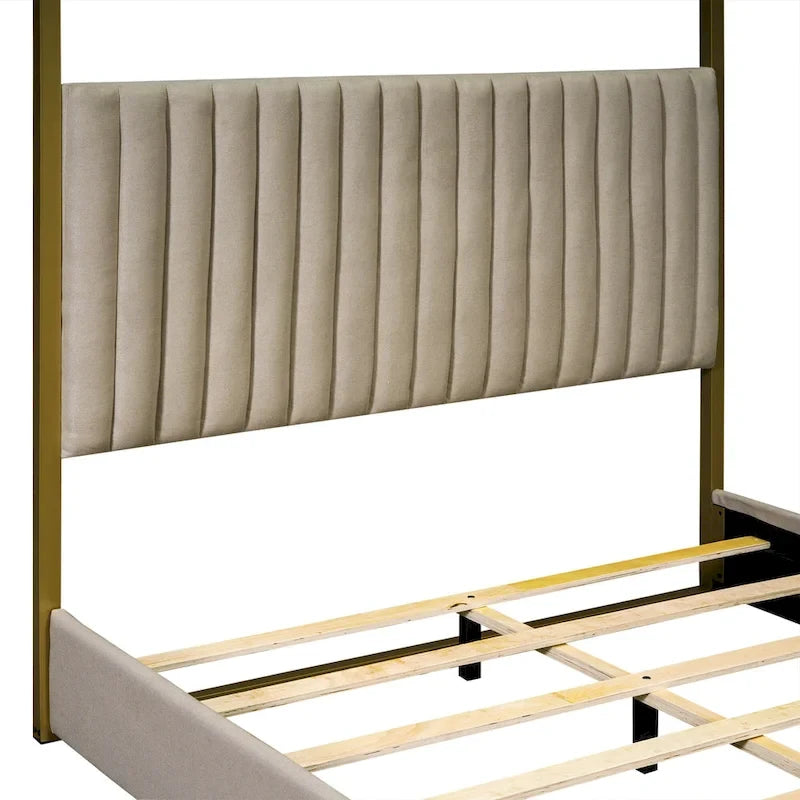 Lit à baldaquin Queen capitonné beige/gris pour 2 personnes