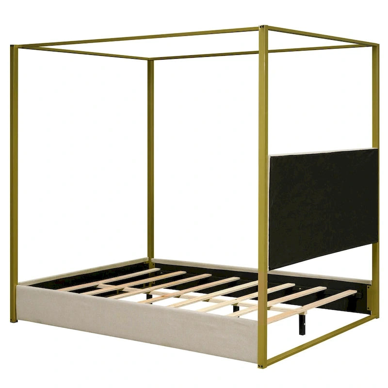 Lit à baldaquin Queen capitonné beige/gris pour 2 personnes