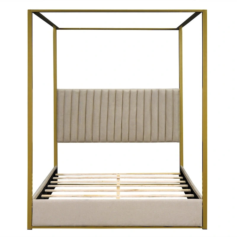 Lit à baldaquin Queen capitonné beige/gris pour 2 personnes