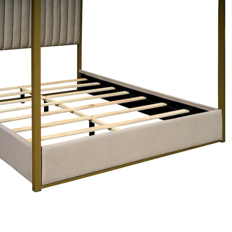 Lit à baldaquin Queen capitonné beige/gris pour 2 personnes