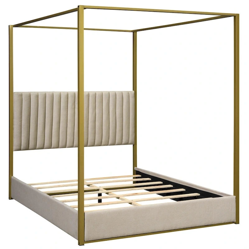 Lit à baldaquin Queen capitonné beige/gris pour 2 personnes