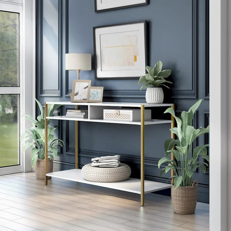Console 3 étagères Glam en acier 122 cm – Blanc/Noir, cadre doré