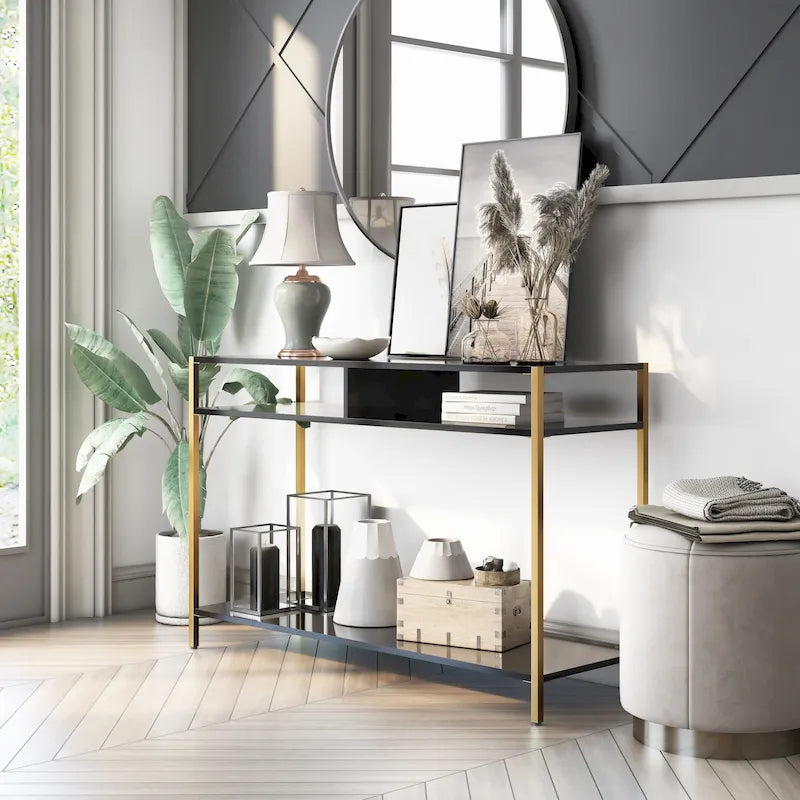 Console 3 étagères Glam en acier 122 cm – Blanc/Noir, cadre doré