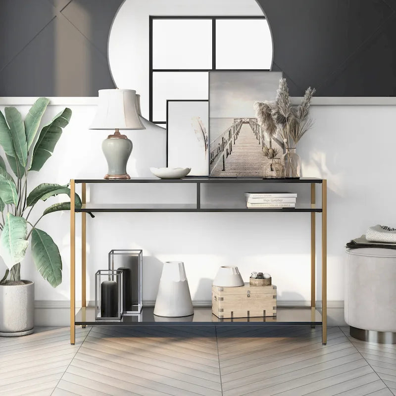 Console 3 étagères Glam en acier 122 cm – Blanc/Noir, cadre doré