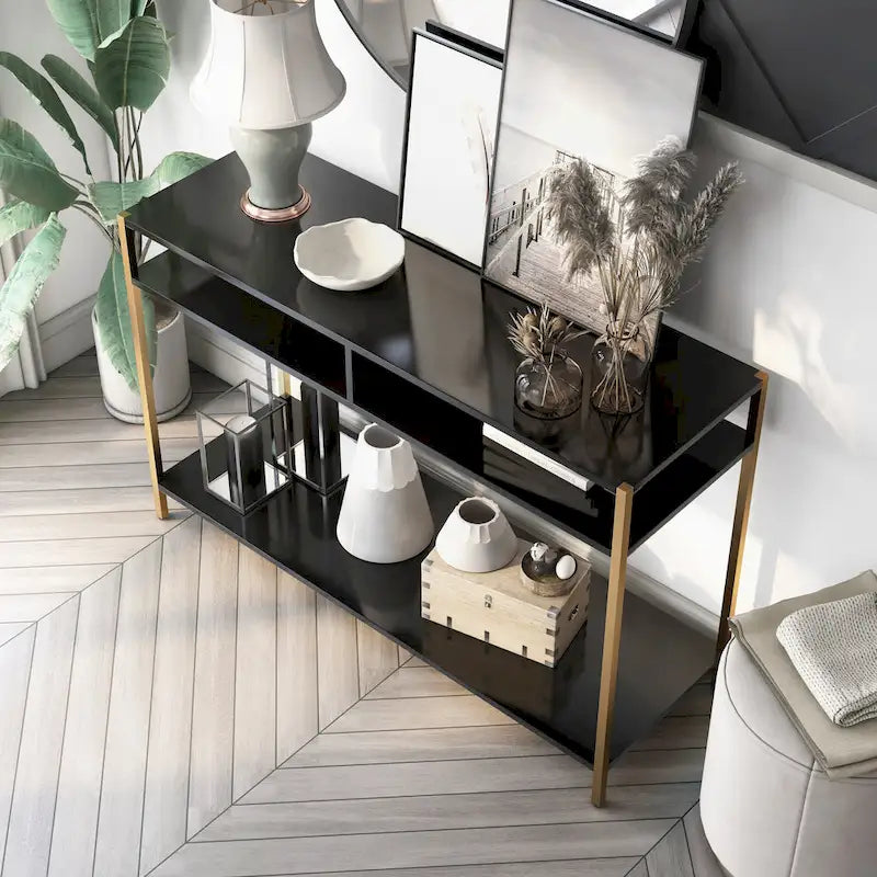Console 3 étagères Glam en acier 122 cm – Blanc/Noir, cadre doré