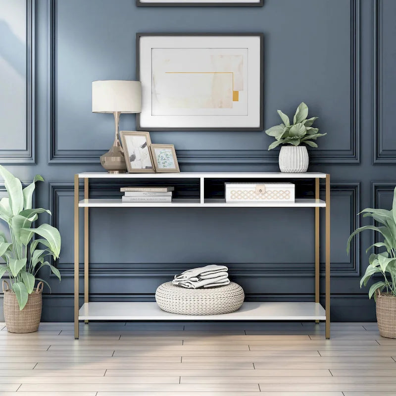 Console 3 étagères Glam en acier 122 cm – Blanc/Noir, cadre doré