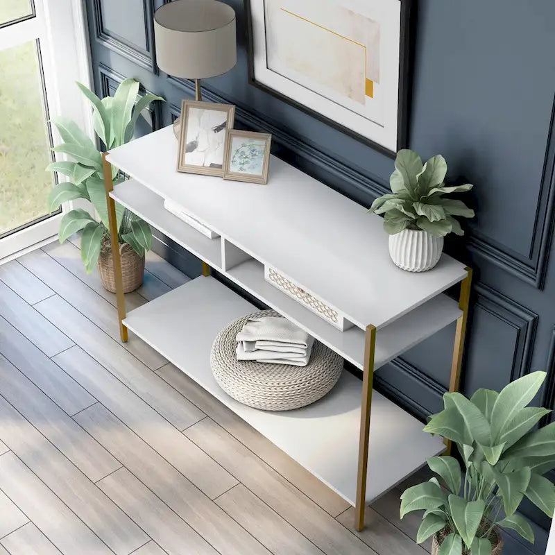 Console 3 étagères Glam en acier 122 cm – Blanc/Noir, cadre doré