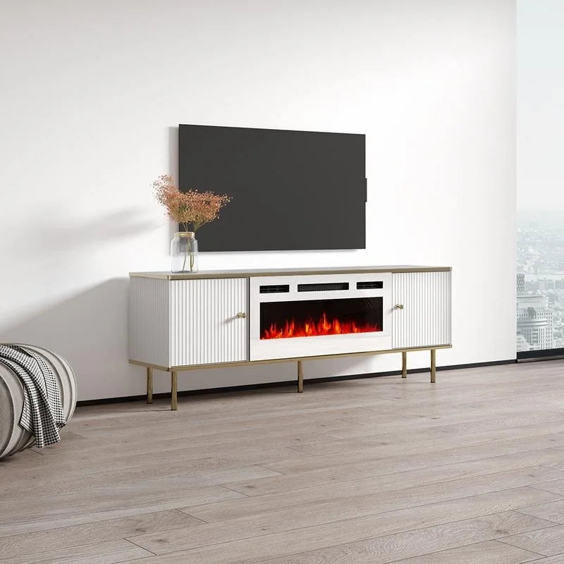 Meuble TV avec cheminée électrique noir et blanc, 63 pouces