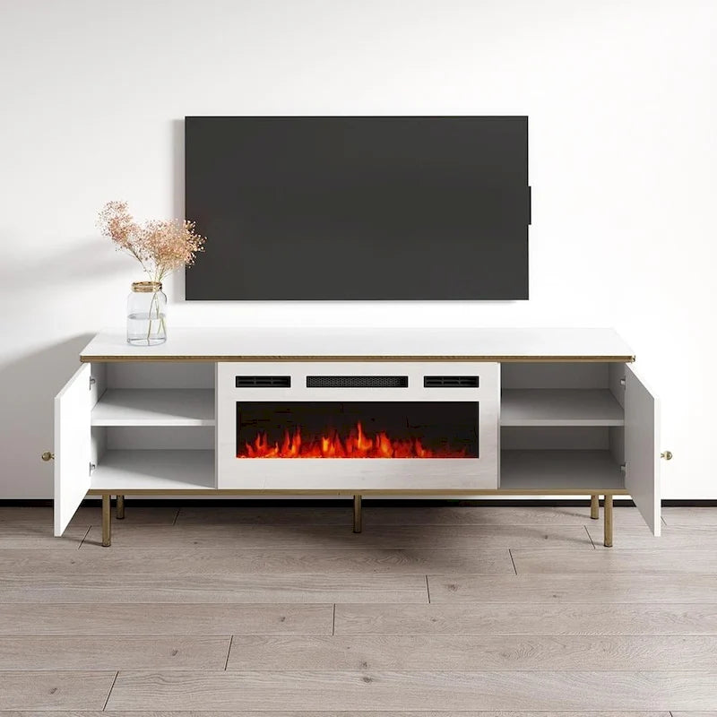 Meuble TV avec cheminée électrique noir et blanc, 63 pouces