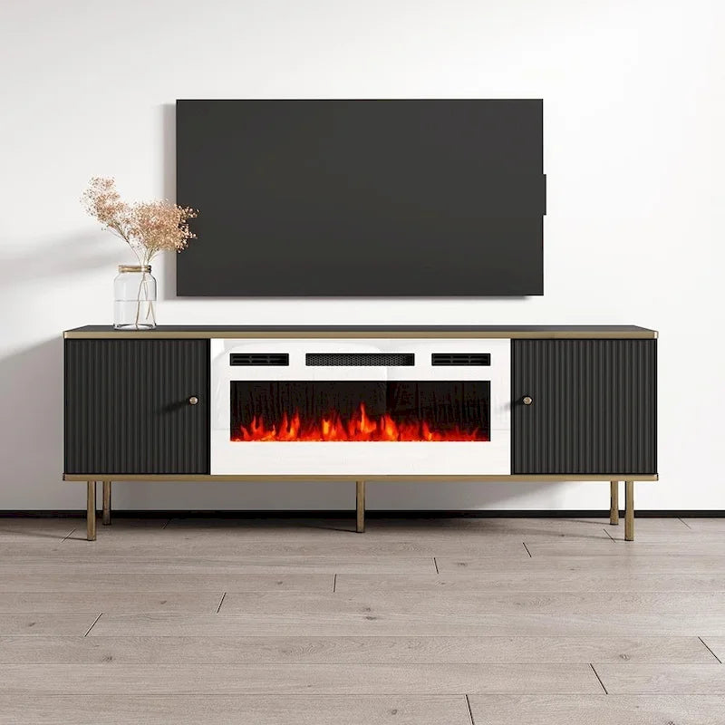 Meuble TV avec cheminée électrique noir et blanc, 63 pouces