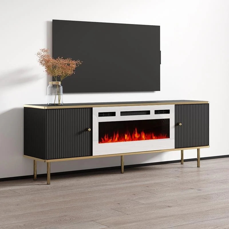 Meuble TV avec cheminée électrique noir et blanc, 63 pouces