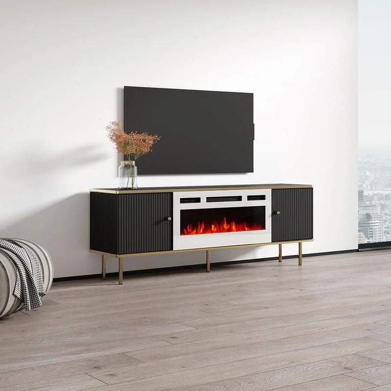 Meuble TV avec cheminée électrique noir et blanc, 63 pouces