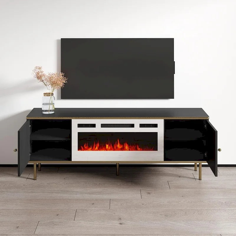 Meuble TV avec cheminée électrique noir et blanc, 63 pouces
