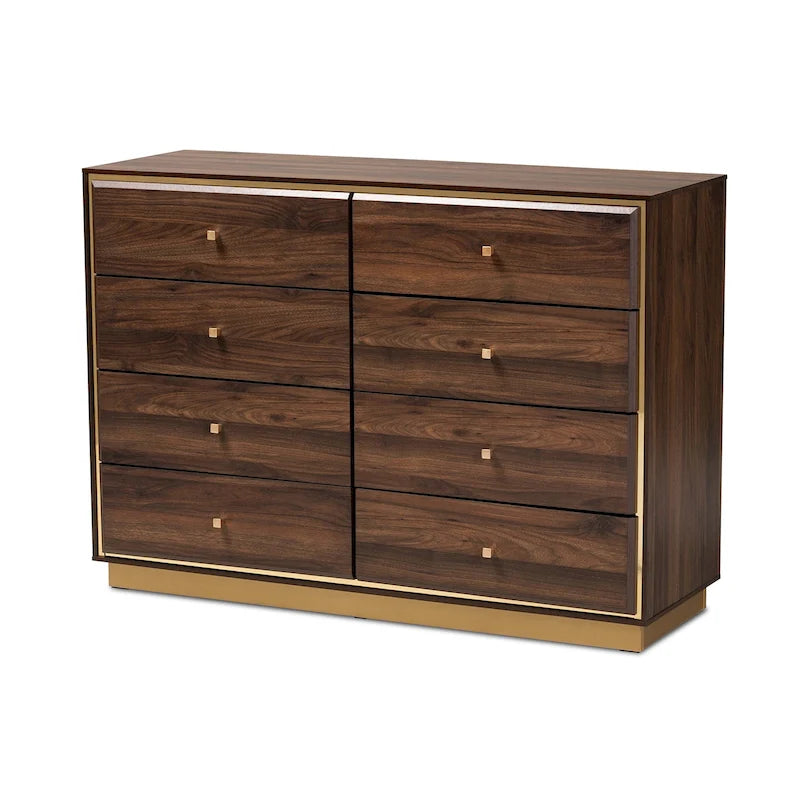 Commode moderne à 8 tiroirs en noyer brun et or