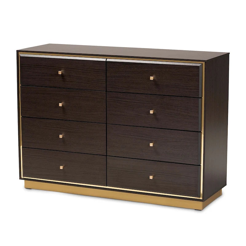 Commode moderne à 8 tiroirs en noyer brun et or