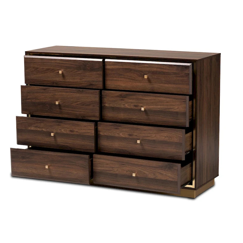 Commode moderne à 8 tiroirs en noyer brun et or