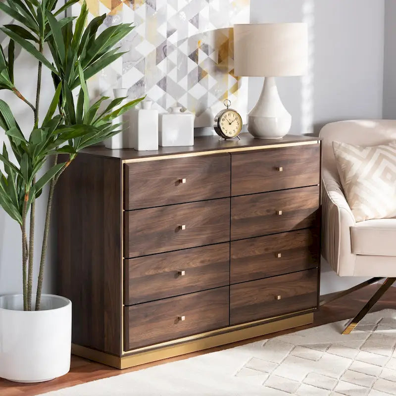 Commode moderne à 8 tiroirs en noyer brun et or