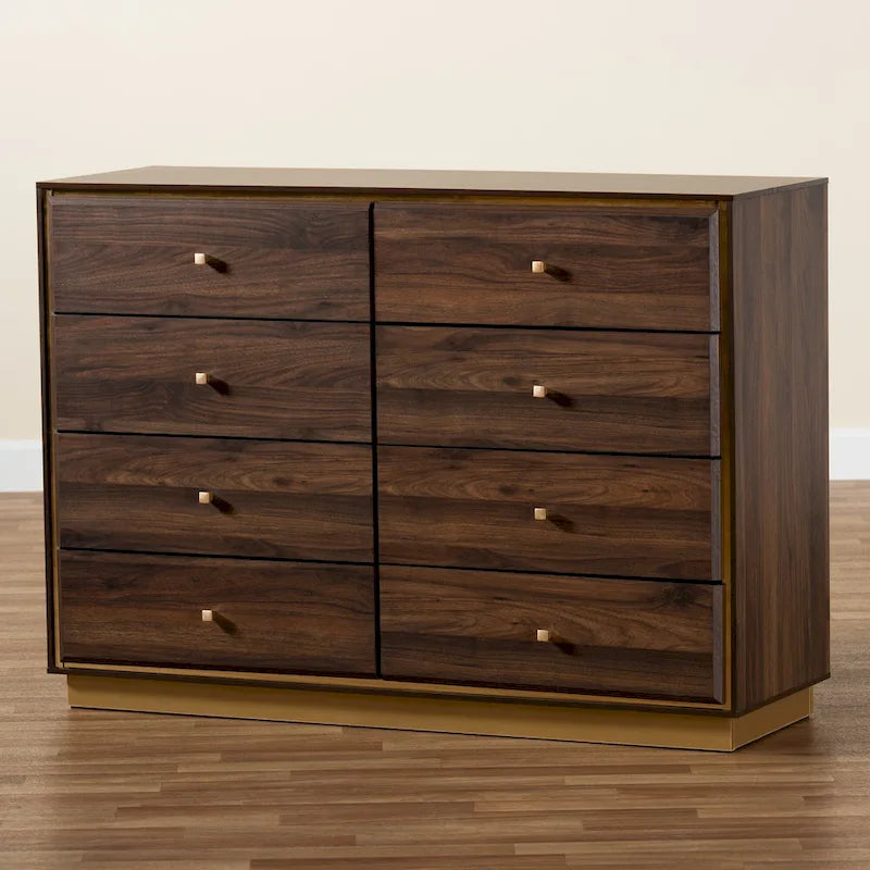 Commode moderne à 8 tiroirs en noyer brun et or