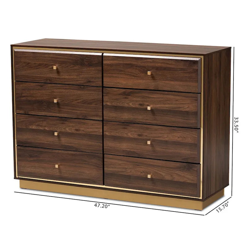 Commode moderne à 8 tiroirs en noyer brun et or