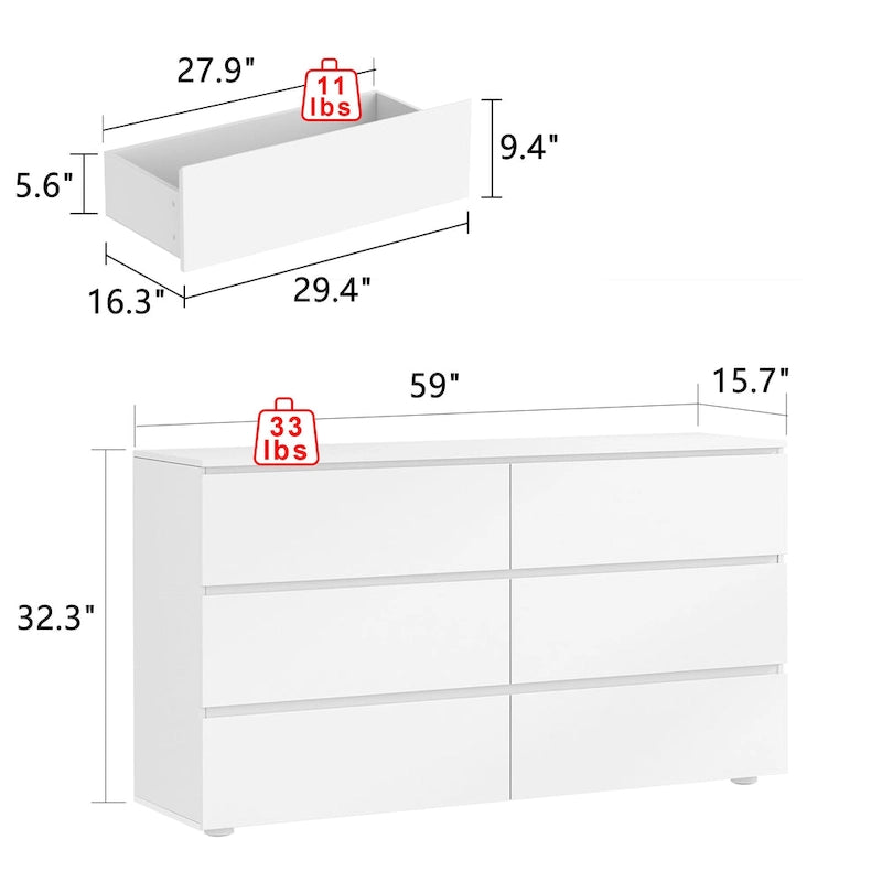 Commode double blanche à 6 tiroirs de 59 pouces