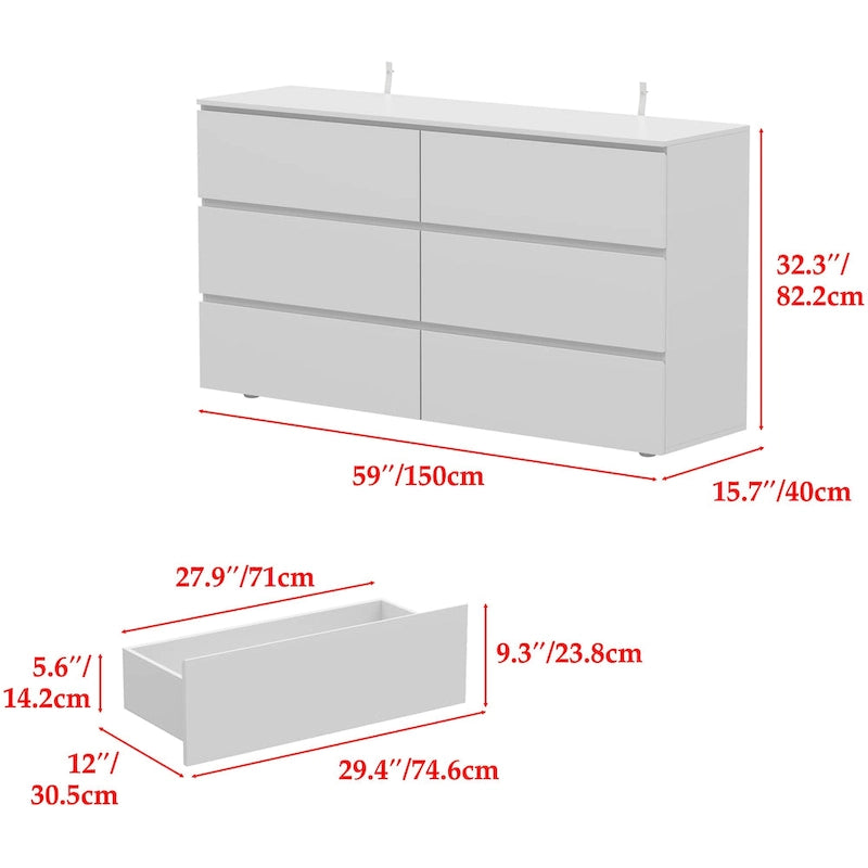 Commode double blanche à 6 tiroirs de 59 pouces