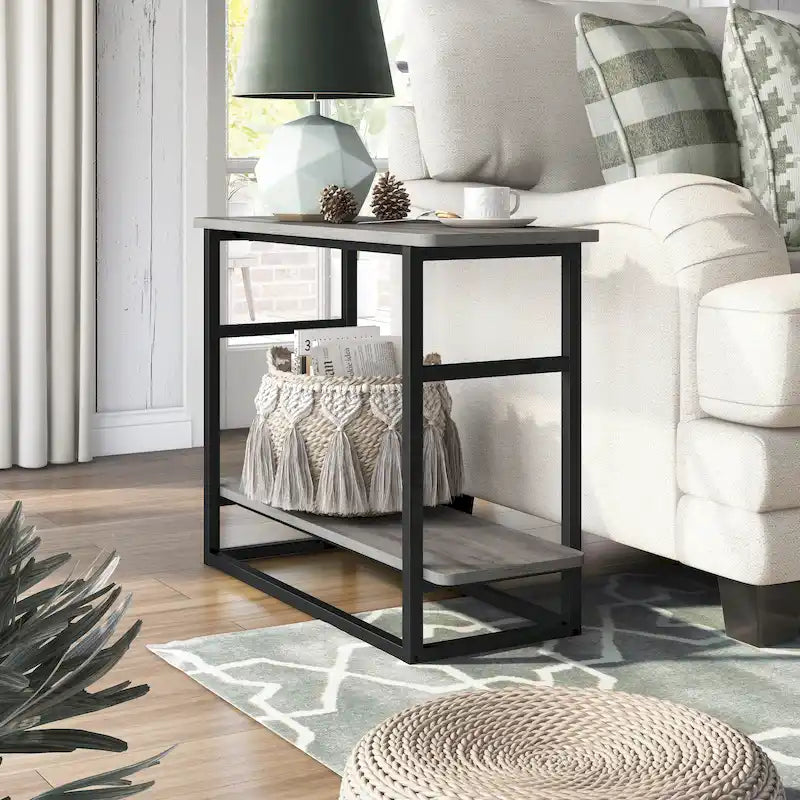 Table d'appoint fine en chêne gris vintage/chêne récupéré/bleu marine rustique avec étagère inférieure