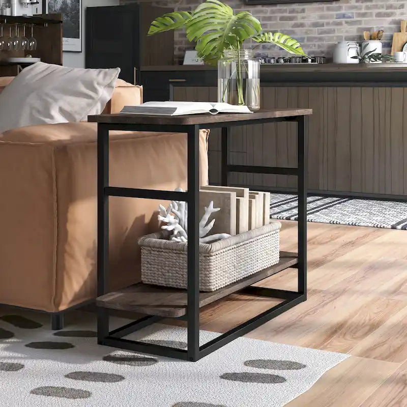 Table d'appoint fine en chêne gris vintage/chêne récupéré/bleu marine rustique avec étagère inférieure