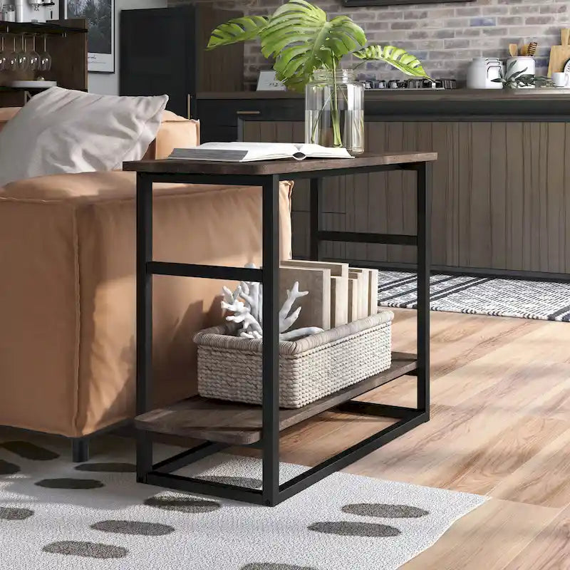Table d'appoint fine en chêne gris vintage/chêne récupéré/bleu marine rustique avec étagère inférieure