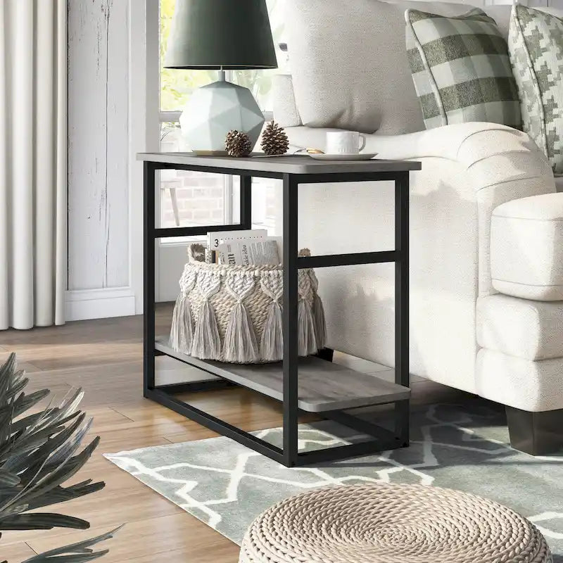 Table d'appoint fine en chêne gris vintage/chêne récupéré/bleu marine rustique avec étagère inférieure