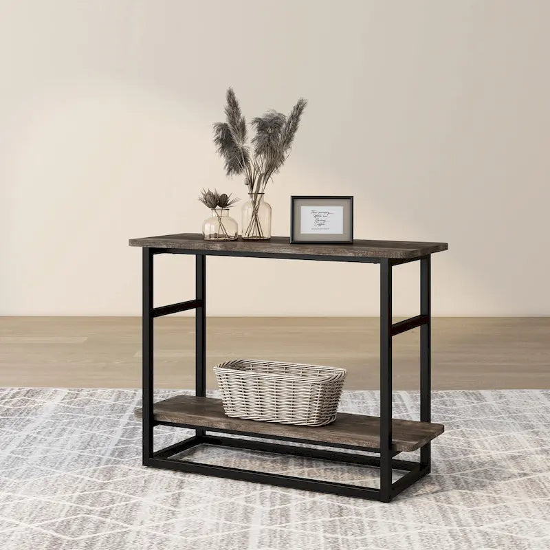 Table d'appoint fine en chêne gris vintage/chêne récupéré/bleu marine rustique avec étagère inférieure