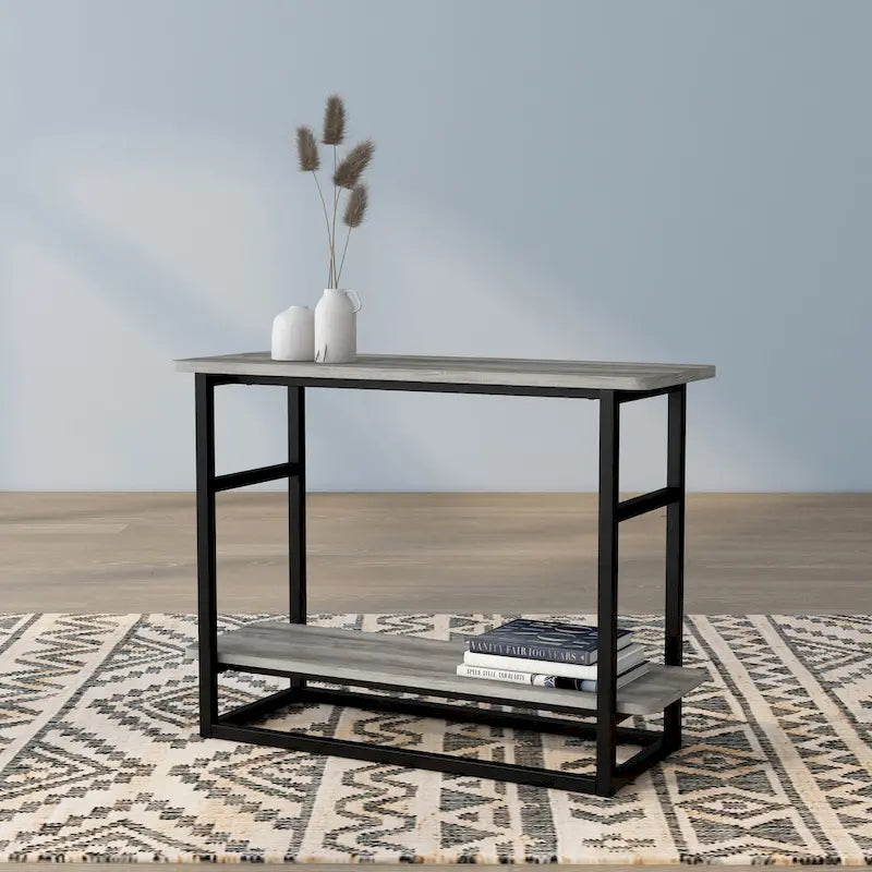 Table d'appoint fine en chêne gris vintage/chêne récupéré/bleu marine rustique avec étagère inférieure