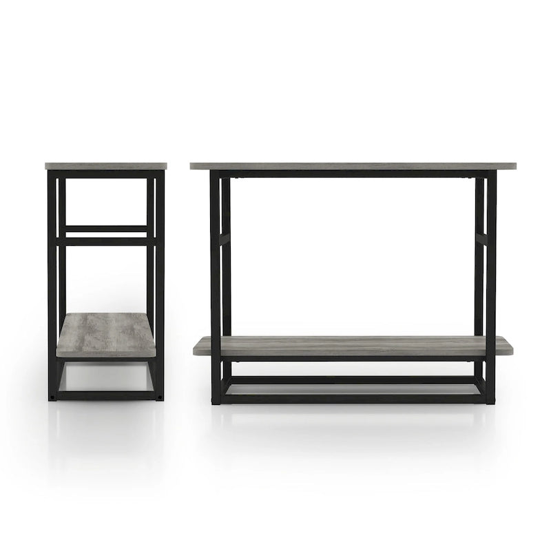 Table d'appoint fine en chêne gris vintage/chêne récupéré/bleu marine rustique avec étagère inférieure
