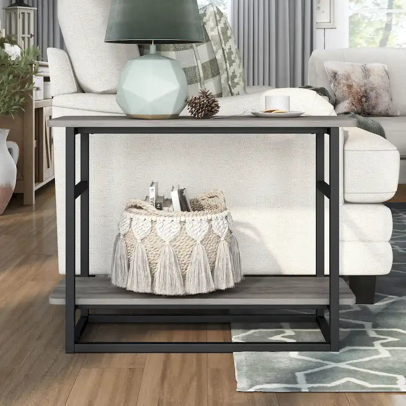 Table d'appoint fine en chêne gris vintage/chêne récupéré/bleu marine rustique avec étagère inférieure