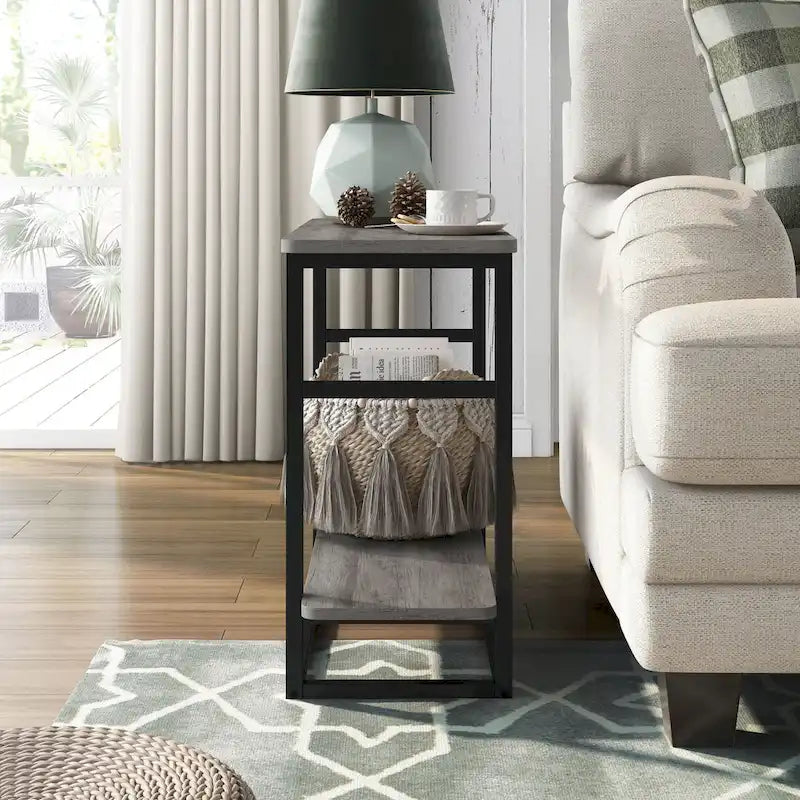Table d'appoint fine en chêne gris vintage/chêne récupéré/bleu marine rustique avec étagère inférieure