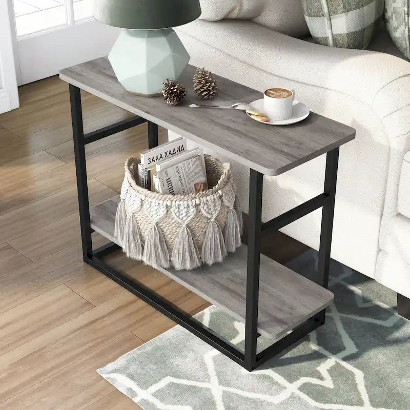 Table d'appoint fine en chêne gris vintage/chêne récupéré/bleu marine rustique avec étagère inférieure