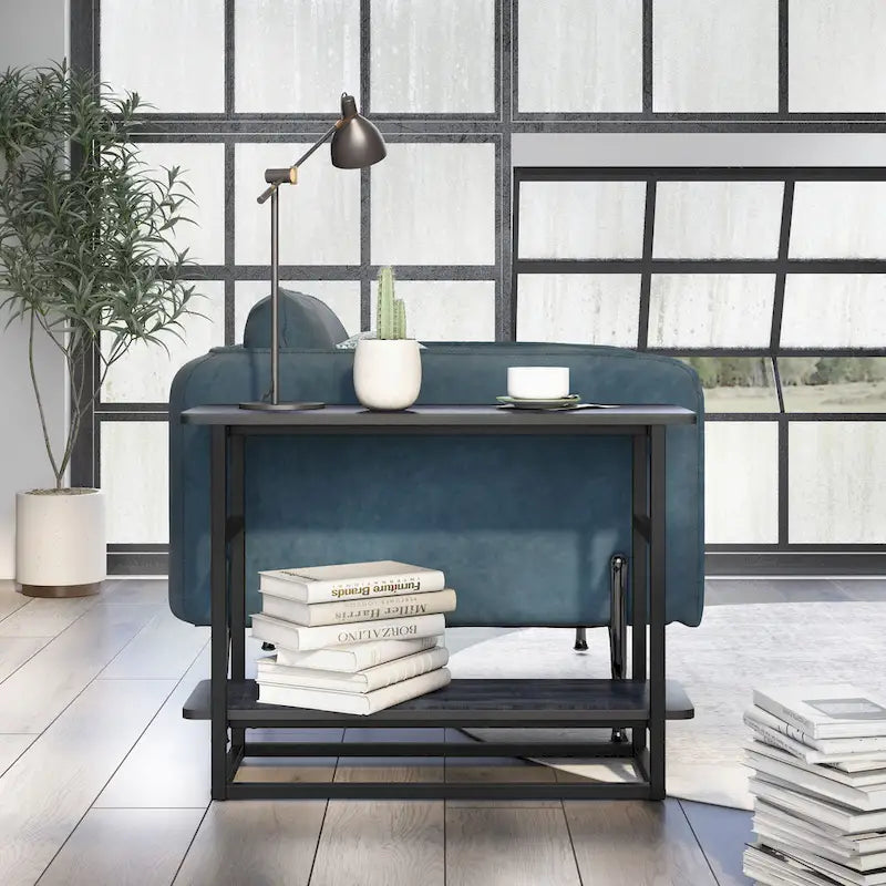 Table d'appoint fine en chêne gris vintage/chêne récupéré/bleu marine rustique avec étagère inférieure