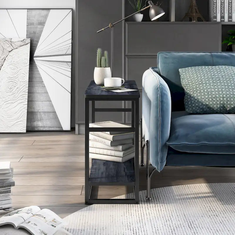Table d'appoint fine en chêne gris vintage/chêne récupéré/bleu marine rustique avec étagère inférieure