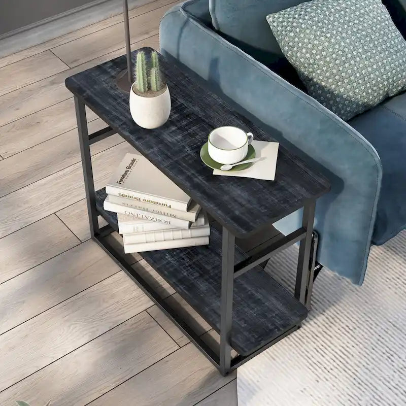Table d'appoint fine en chêne gris vintage/chêne récupéré/bleu marine rustique avec étagère inférieure
