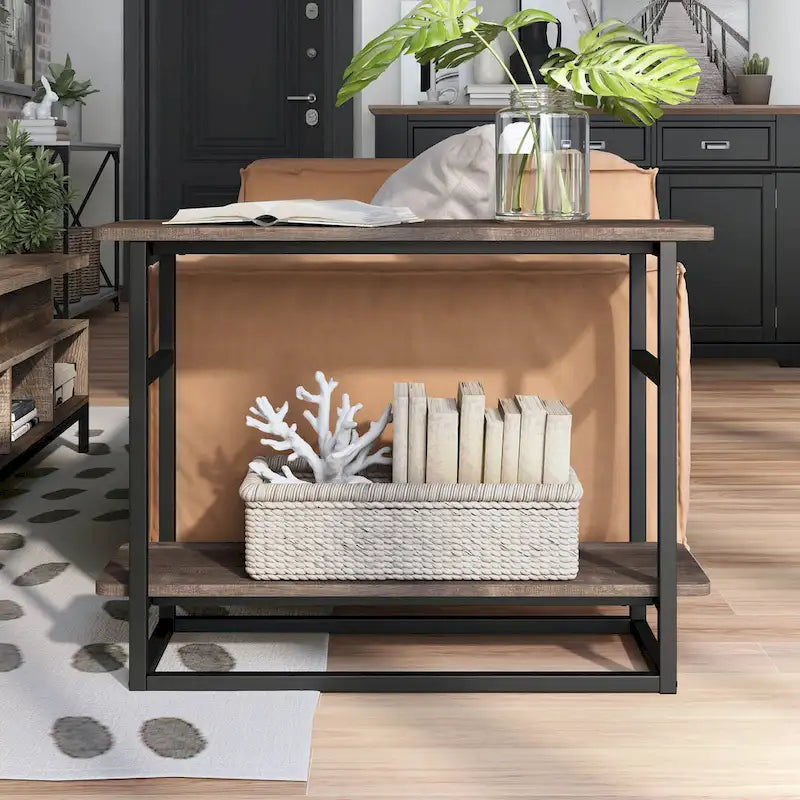 Table d'appoint fine en chêne gris vintage/chêne récupéré/bleu marine rustique avec étagère inférieure