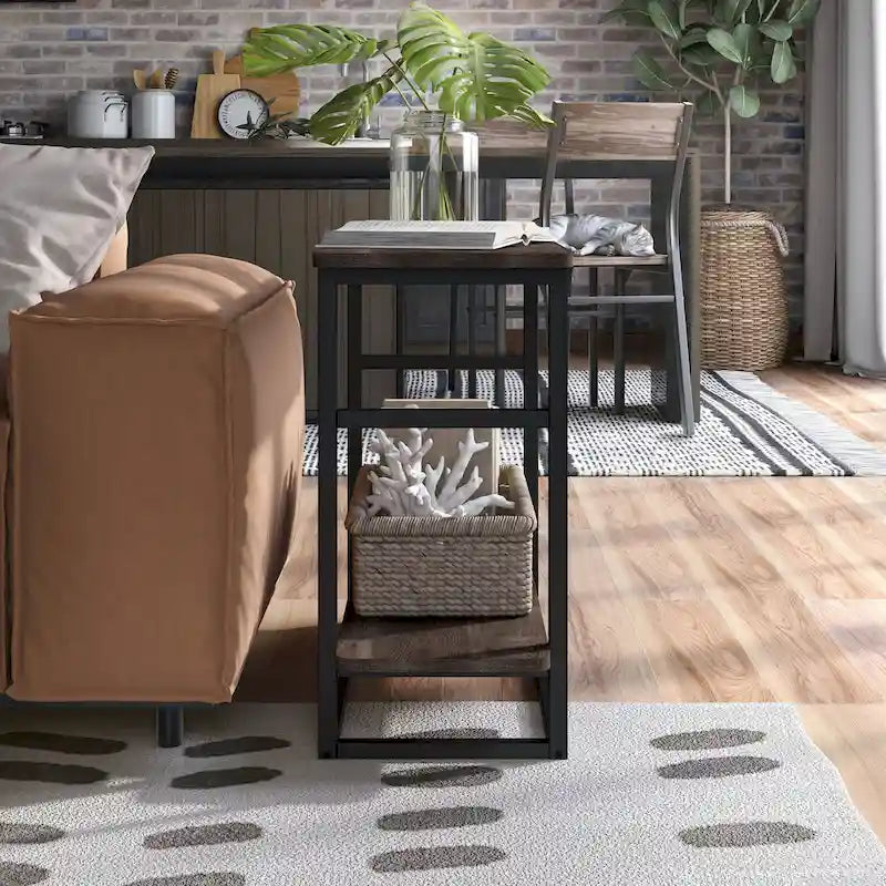 Table d'appoint fine en chêne gris vintage/chêne récupéré/bleu marine rustique avec étagère inférieure