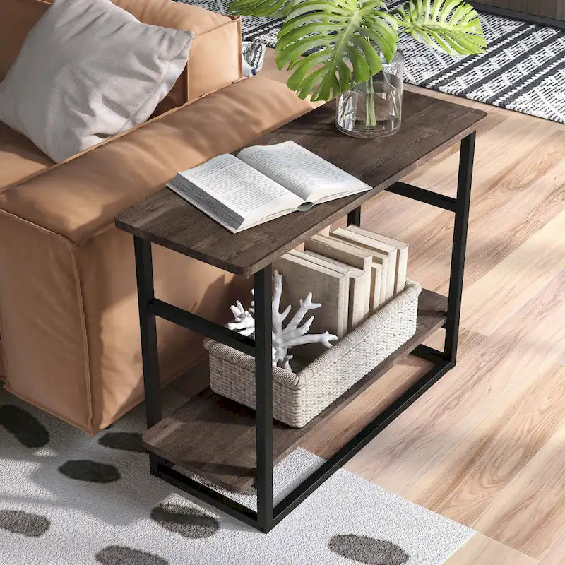 Table d'appoint fine en chêne gris vintage/chêne récupéré/bleu marine rustique avec étagère inférieure