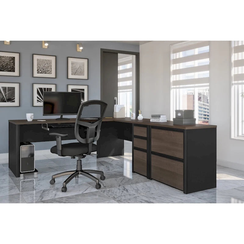 Bureau en L avec classeur latéral – Bordeaux et ardoise / Ardoise et grès / Antigua et noir