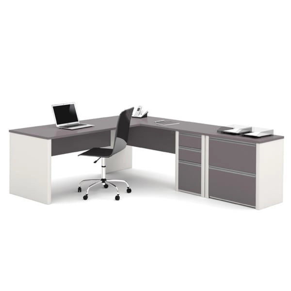 Bureau en L avec classeur latéral – Bordeaux et ardoise / Ardoise et grès / Antigua et noir