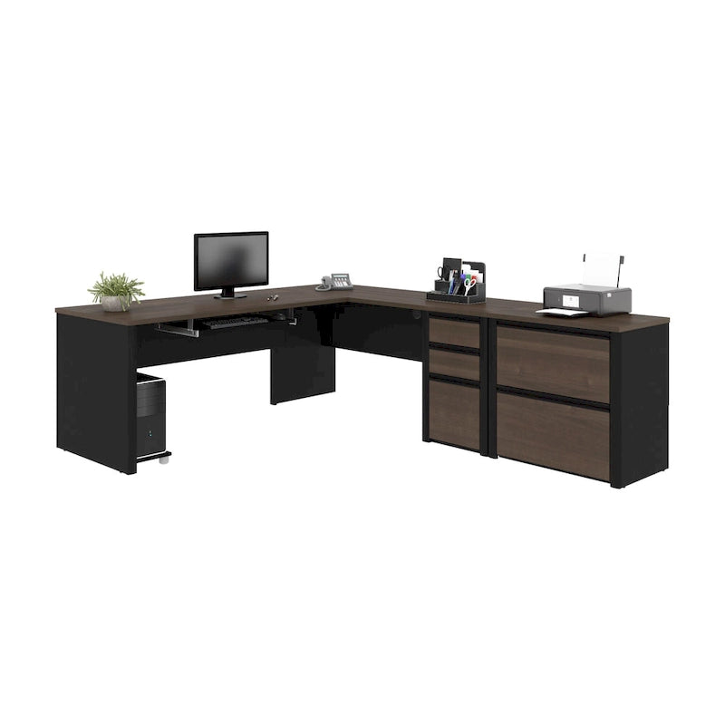 Bureau en L avec classeur latéral – Bordeaux et ardoise / Ardoise et grès / Antigua et noir