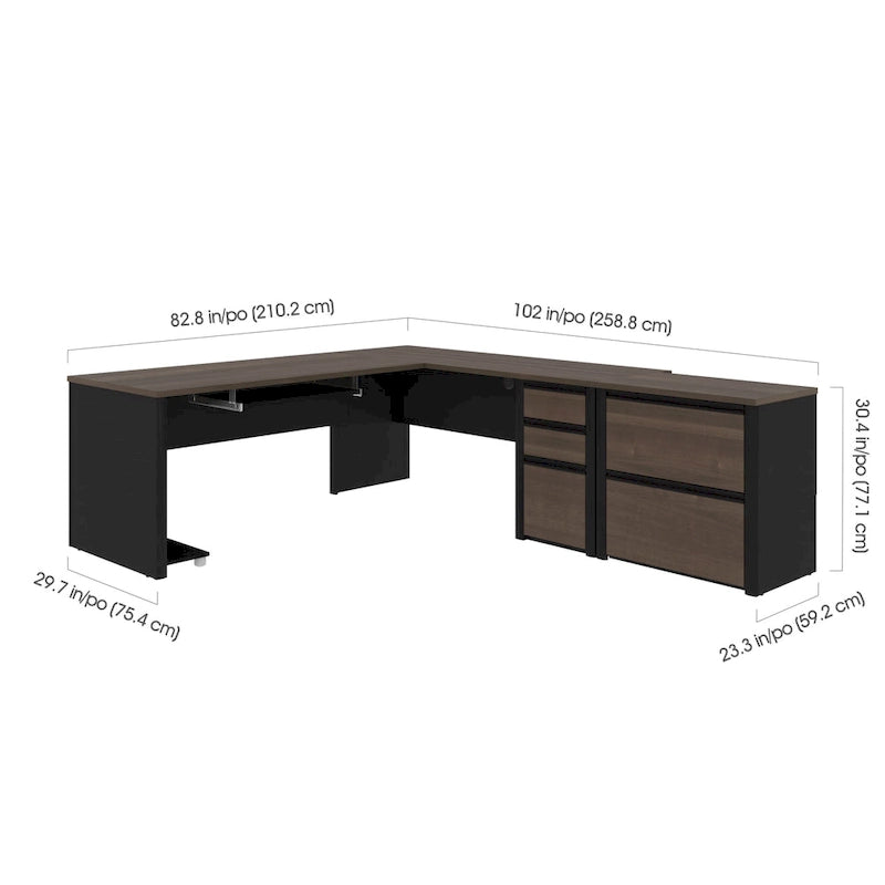 Bureau en L avec classeur latéral – Bordeaux et ardoise / Ardoise et grès / Antigua et noir