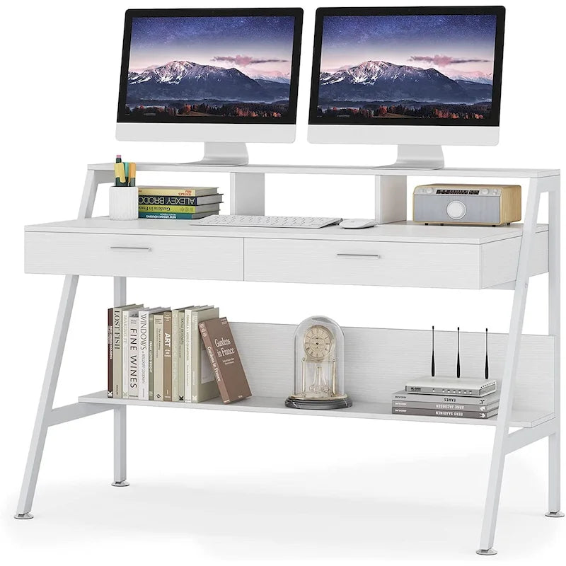 Bureau blanc/gris avec rehausseur d'écran, 2 tiroirs et étagère inférieure — 1 personne