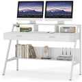 Bureau blanc/gris avec rehausseur d'écran, 2 tiroirs et étagère inférieure — 1 personne