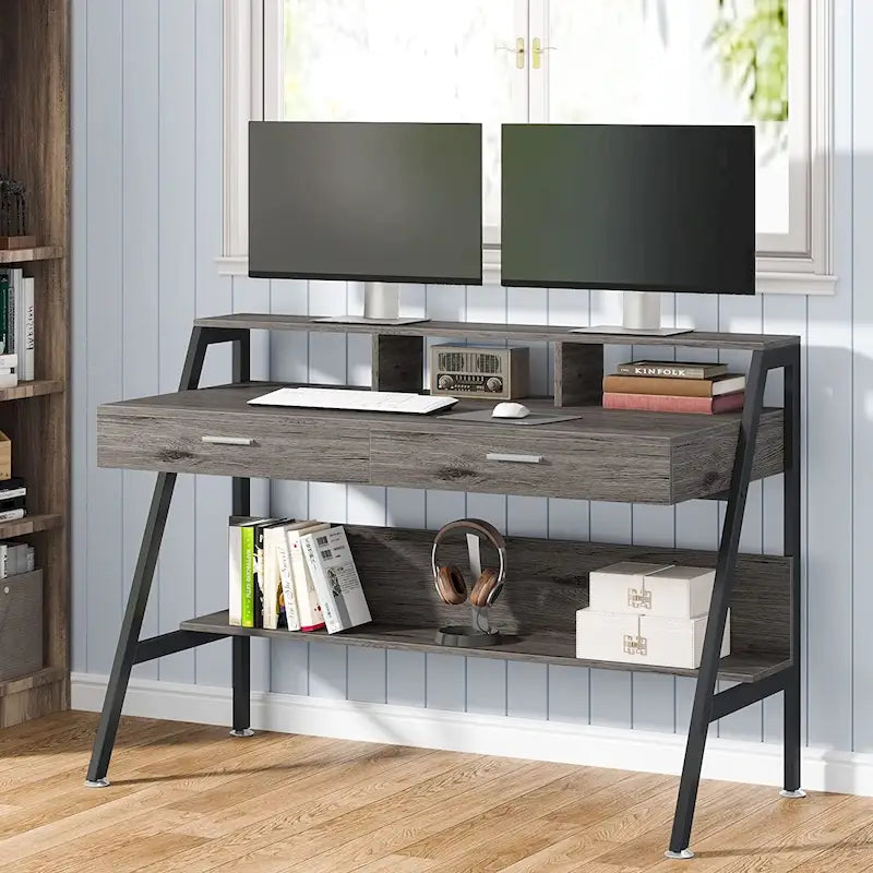 Bureau blanc/gris avec rehausseur d'écran, 2 tiroirs et étagère inférieure — 1 personne