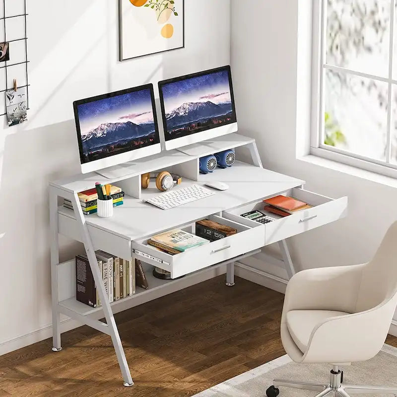 Bureau blanc/gris avec rehausseur d'écran, 2 tiroirs et étagère inférieure — 1 personne