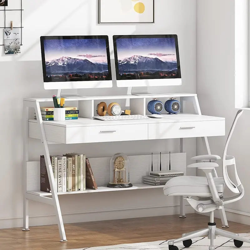 Bureau blanc/gris avec rehausseur d'écran, 2 tiroirs et étagère inférieure — 1 personne
